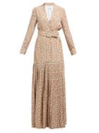 Matchesfashion.com Rebecca De Ravenel - Daisy Print Belted Pleated Silk Dress - Womens - Beige Multi