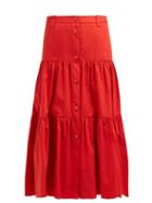 Matchesfashion.com Redvalentino - Button Front Tiered Cotton Midi Skirt - Womens - Red