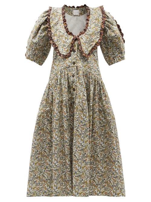 Matchesfashion.com Kika Vargas - Removable-collar Starfish-print Cotton-blend Dress - Womens - Green Multi