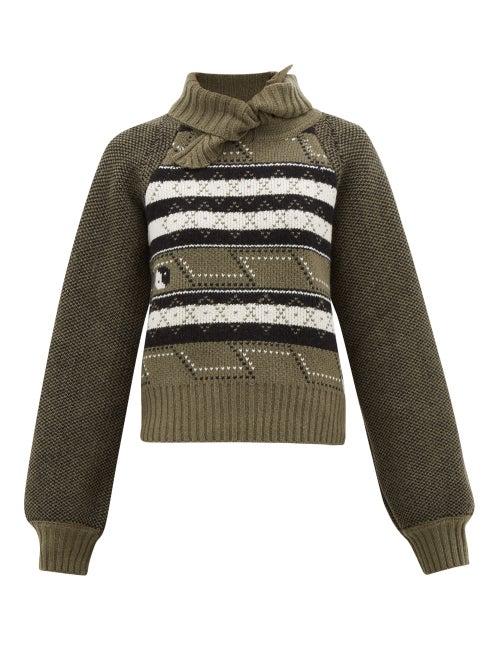 Matchesfashion.com Ganni - Tie-neck Fair Isle Wool-blend Sweater - Womens - Khaki
