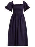 Matchesfashion.com Molly Goddard - Adelaide Smocked Square Neck Midi Dress - Womens - Navy
