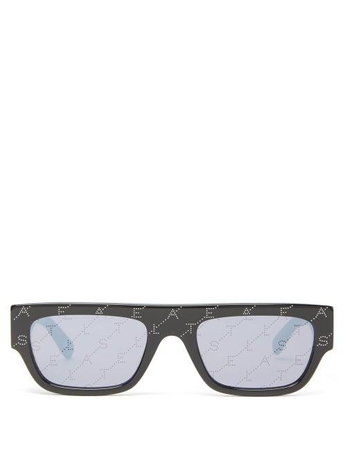 Matchesfashion.com Stella Mccartney - Logo Print Square Bio Acetate Sunglasses - Womens - Black Silver