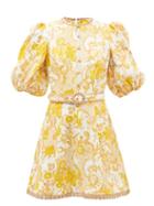 Zimmermann - Postcard Floral-print Belted Linen Mini Dress - Womens - Yellow Print