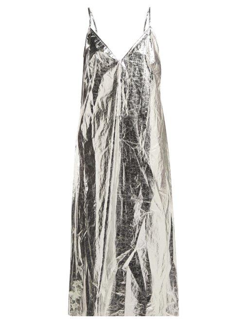 Matchesfashion.com Raey - V Neck Foil Midi Slip Dress - Womens - Silver