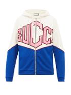 Matchesfashion.com Gucci - Satin Logo Zip Through Cotton Hooded Sweatshirt - Mens - Blue Multi