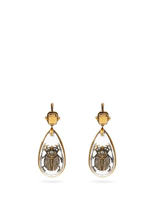 Matchesfashion.com Alexander Mcqueen - Scarab Crystal Embellished Drop Earrings - Womens - Gold