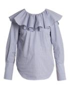 Matchesfashion.com Sea - Ruffled Yoke Striped Cotton Shirt - Womens - Blue White