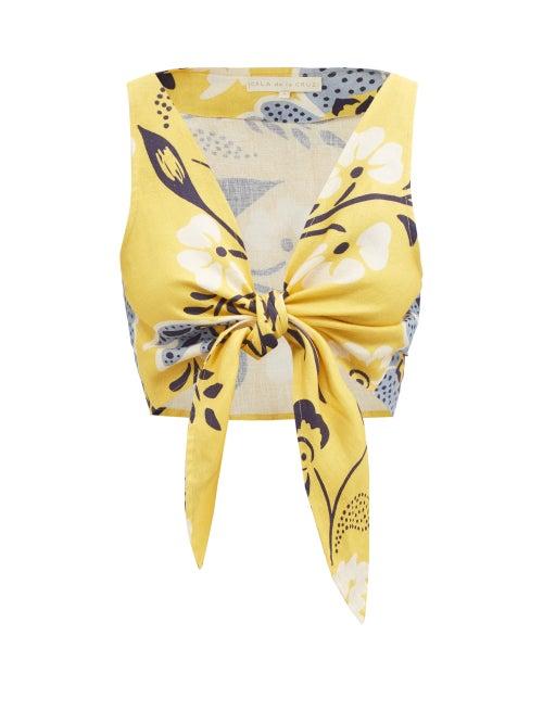 Ladies Beachwear Cala De La Cruz - Lola Tie-front Floral-print Top - Womens - Yellow Print