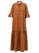 Matchesfashion.com La Doublej - Artemis Fluted-sleeve Cottton Maxi Shirt Dress - Womens - Brown