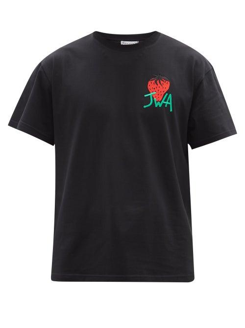 Jw Anderson - Strawberry Logo-embroidered Cotton-jersey T-shirt - Mens - Black