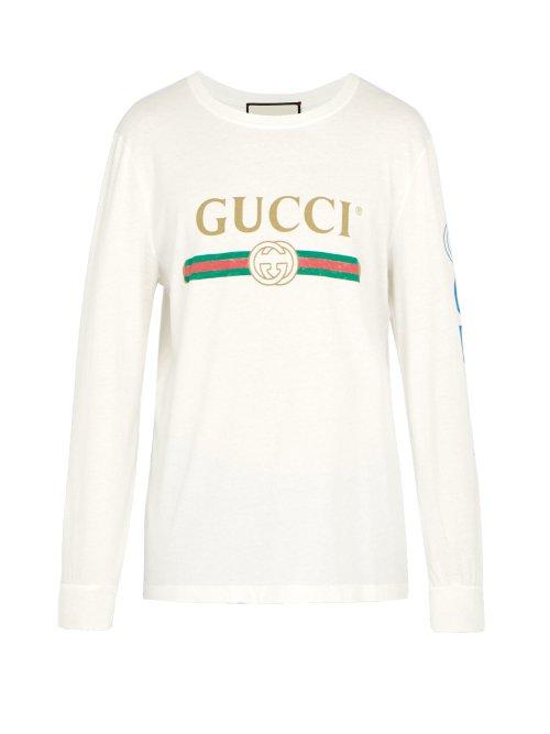 Matchesfashion.com Gucci - Fake Logo Print Dragon Embroidered T Shirt - Mens - Cream