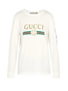 Matchesfashion.com Gucci - Fake Logo Print Dragon Embroidered T Shirt - Mens - Cream