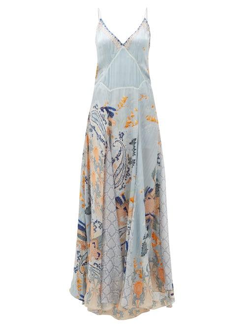 Matchesfashion.com Camilla - Fraser Fantasia Godet-insert Silk Slip Dress - Womens - Blue Print