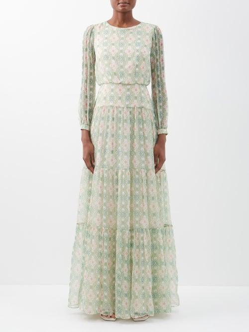 Saloni - Isabel Printed Silk-georgette Maxi Dress - Womens - Light Green