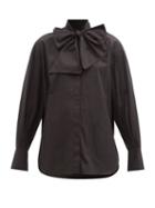 Another Tomorrow - Pussy-bow Neck Cotton-poplin Blouse - Womens - Black