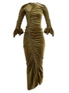 Matchesfashion.com Preen By Thornton Bregazzi - Hitch Ruched Detail Velour Dress - Womens - Khaki