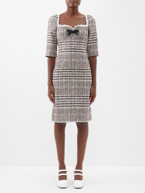 Shushu/tong - Bow-appliqu Lace-trimmed Checked Wool-blend Dress - Womens - Black White