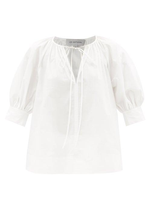 Lee Mathews - Elsie Neck-tie Cotton-poplin Blouse - Womens - White