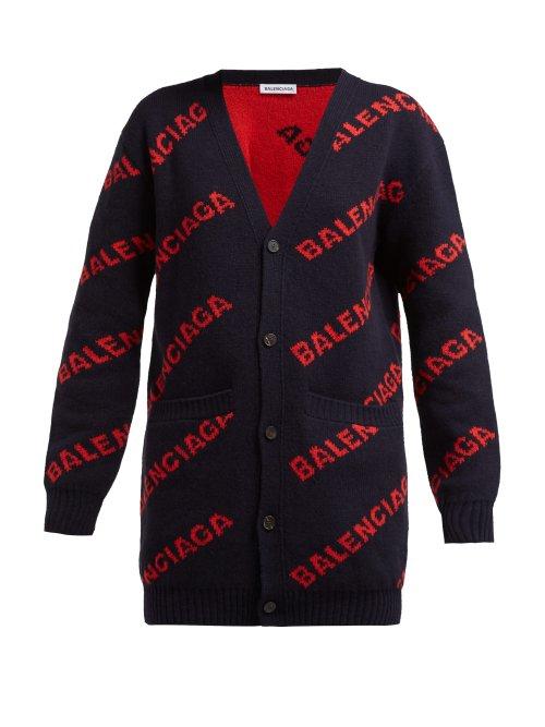 Matchesfashion.com Balenciaga - Logo Jacquard Wool Blend Cardigan - Womens - Navy Multi