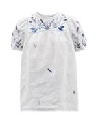 Thierry Colson - Olympia Floral-embroidered Linen Blouse - Womens - Blue White
