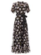 Matchesfashion.com Erdem - Ellinor Ruffled Floral-print Silk-crepe Maxi Dress - Womens - Lilac Black