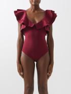 Maygel Coronel - Santa Ruffled V-neck Swimsuit - Womens - Wine