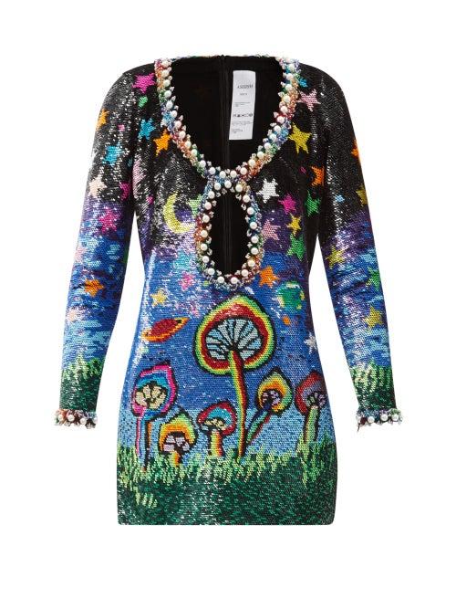 Matchesfashion.com Ashish - Midnight Mushrooms Cutout Sequinned Mini Dress - Womens - Multi