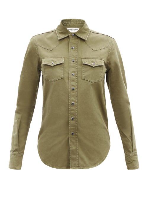 Matchesfashion.com Saint Laurent - Patch-pocket Distressed Cotton-twill Shirt - Womens - Khaki