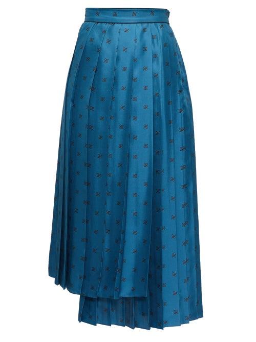 Matchesfashion.com Fendi - Karligraphy Pleated Logo-print Silk Midi Skirt - Womens - Blue Multi