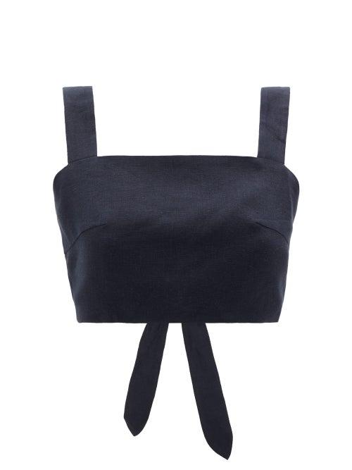Matchesfashion.com Casa Raki - Luli Tie-back Organic-linen Cropped Top - Womens - Navy