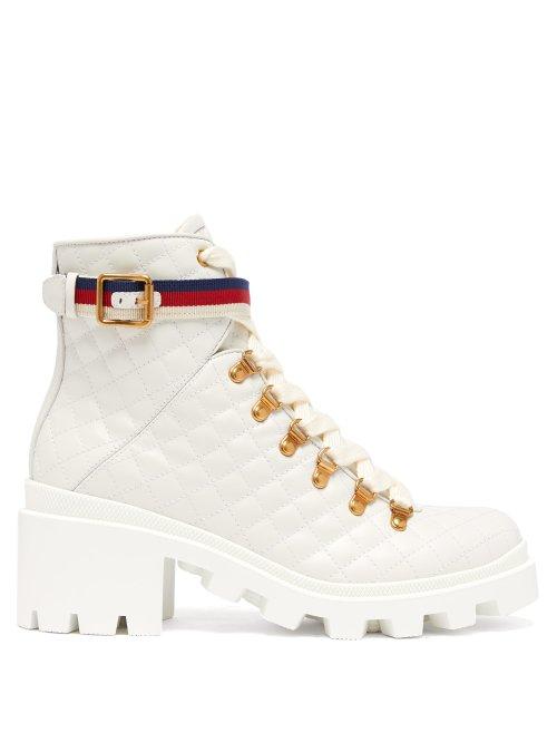 Matchesfashion.com Gucci - Webbed Strap Quilted Leather Boots - Womens - White