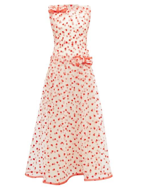 Matchesfashion.com Rodarte - Flocked Heart Pattern Tulle Maxi Dress - Womens - Red Multi