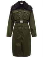 Matchesfashion.com Prada - Faux Fur Trim Single Breasted Nylon Coat - Womens - Green Multi