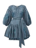 Matchesfashion.com Innika Choo - Meg Nettick Embroidered Linen Mini Dress - Womens - Dark Blue