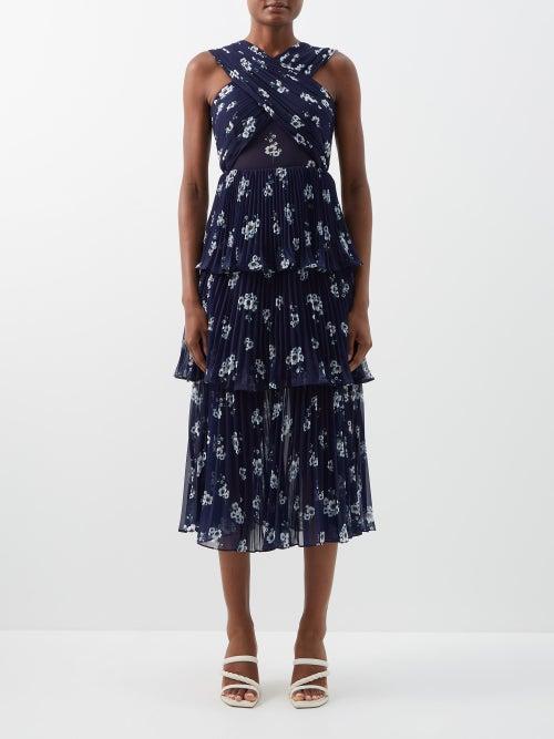 Self-portrait - Tiered Pansy-print Pliss Midi Dress - Womens - Blue Print