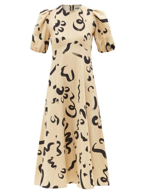 Ale Mais - Puff-sleeve Abstract-print Silk-blend Midi Dress - Womens - Beige Print