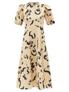 Ale Mais - Puff-sleeve Abstract-print Silk-blend Midi Dress - Womens - Beige Print