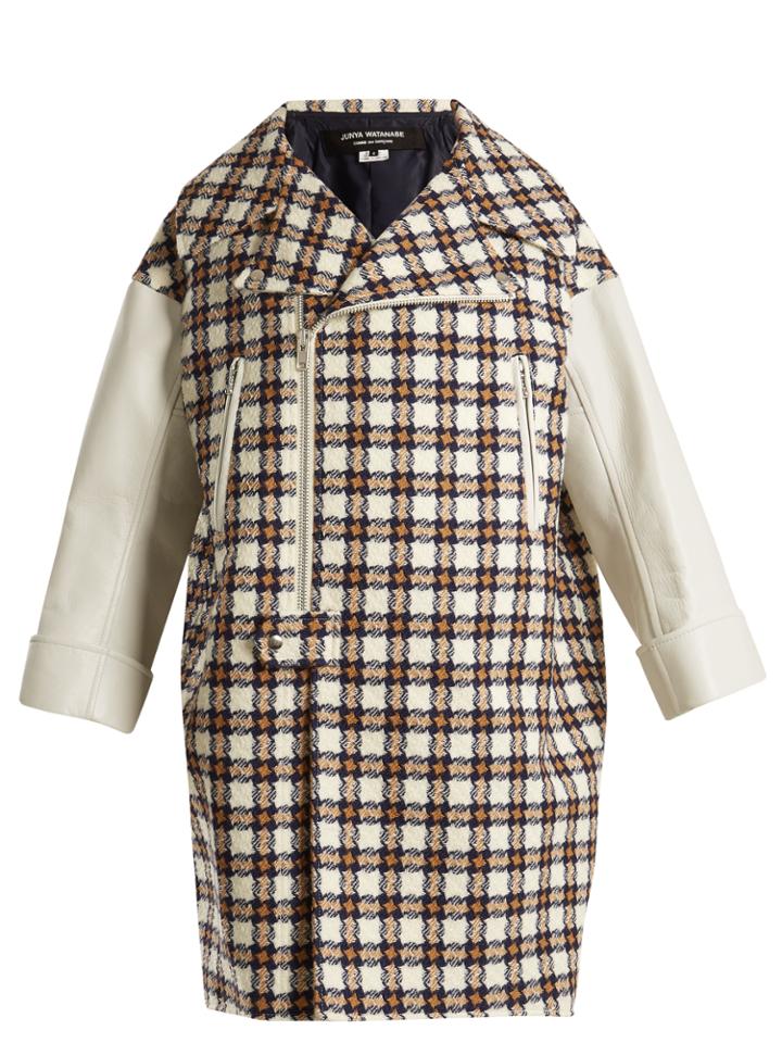 Junya Watanabe Leather-trimmed Hound's-tooth Wool-blend Coat