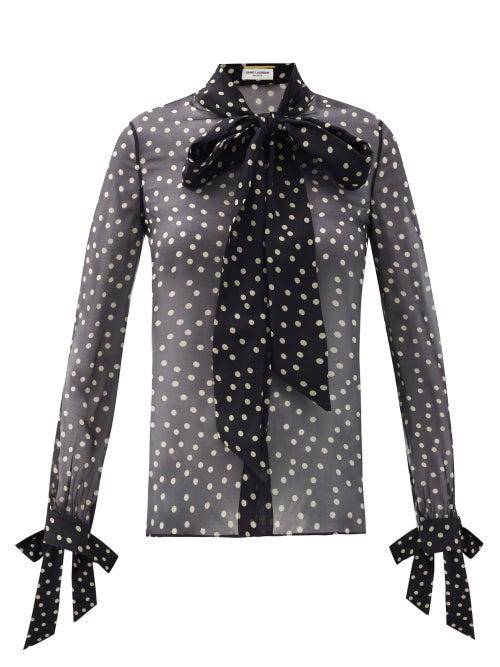 Matchesfashion.com Saint Laurent - Pussy-bow Polka-dot Silk-chiffon Blouse - Womens - Black White