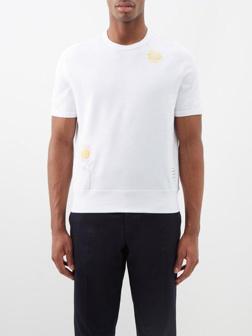 Thom Browne - Embroidered Cotton-jersey Short-sleeved Sweatshirt - Mens - White Multi