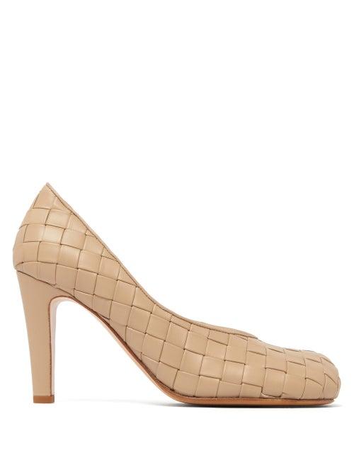 Matchesfashion.com Bottega Veneta - Intrecciato Square Toe Leather Pumps - Womens - Beige