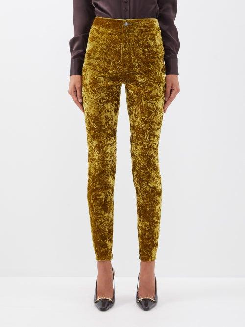 Saint Laurent - High-rise Brushed-velvet Slim-leg Leggings - Womens - Yellow