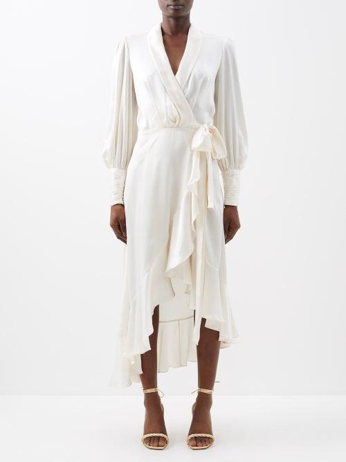 Zimmermann - Balloon-sleeve Silk-satin Wrap Midi Dress - Womens - Cream