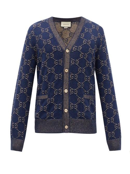 Matchesfashion.com Gucci - V-neck Gg Logo-jacquard Cotton Cardigan - Mens - Blue
