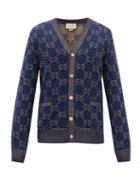 Matchesfashion.com Gucci - V-neck Gg Logo-jacquard Cotton Cardigan - Mens - Blue