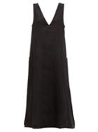 Matchesfashion.com Asceno - Seville V-neck Linen Midi Dress - Womens - Black