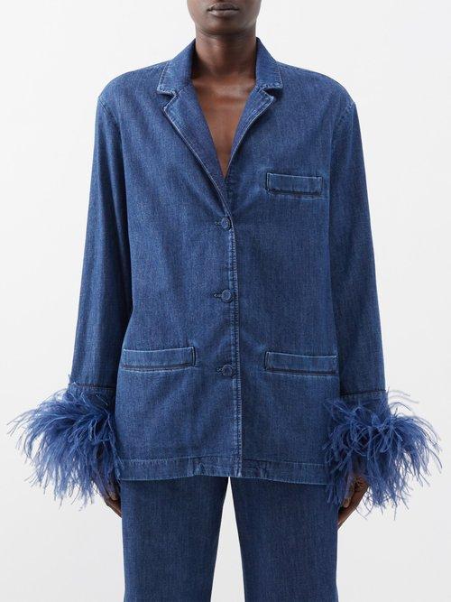 Valentino - Ostrich-feather Cuffs Denim Shirt - Womens - Dark Blue