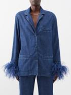 Valentino - Ostrich-feather Cuffs Denim Shirt - Womens - Dark Blue