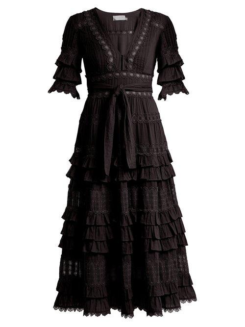 Matchesfashion.com Zimmermann - Corsair Deep V Neck Ruffled Cotton Dress - Womens - Black