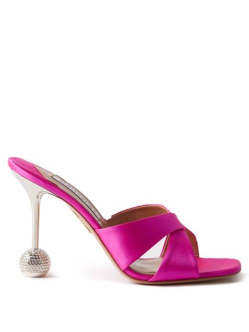 Aquazzura - Yes Darling Crystal-heel Satin Mules - Womens - Pink